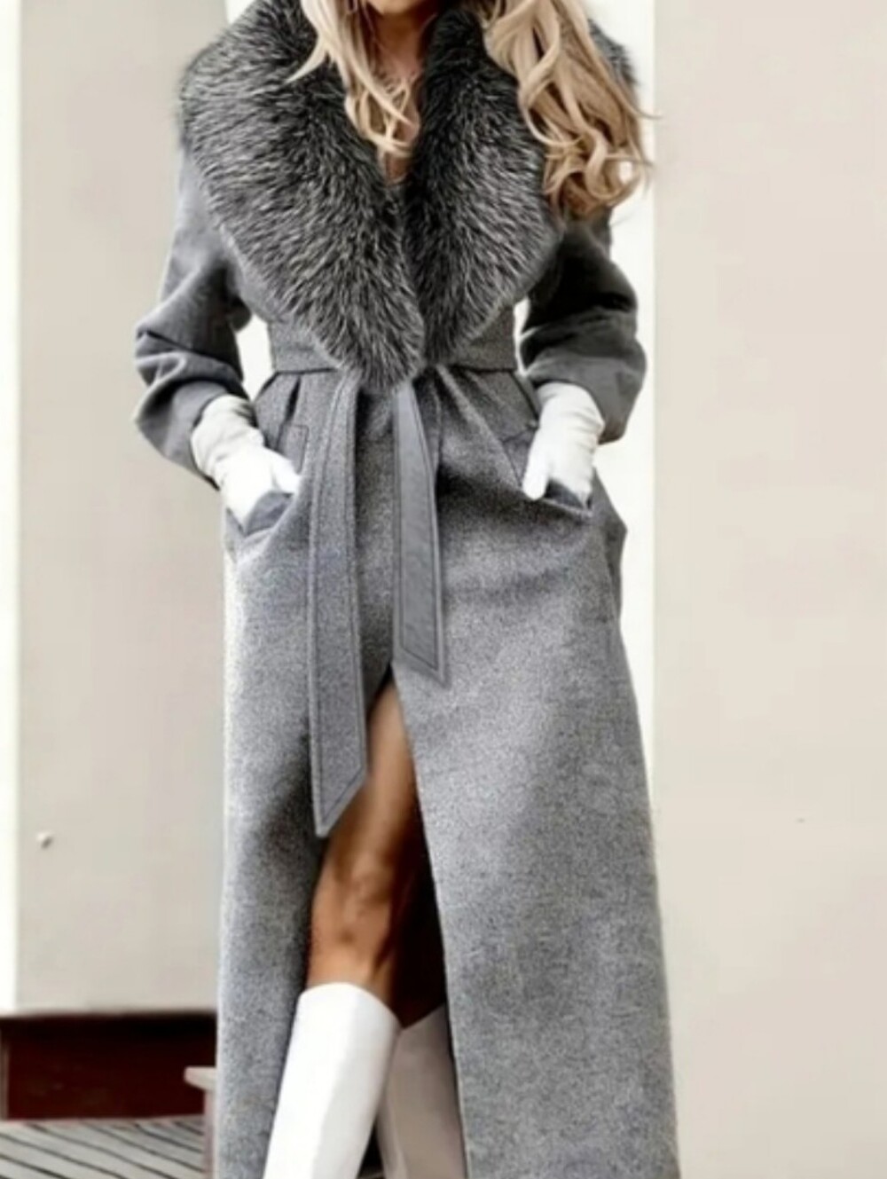 MAXMARA - AUTHENTIC Gray Wool Coat with Fur Trim - XXS